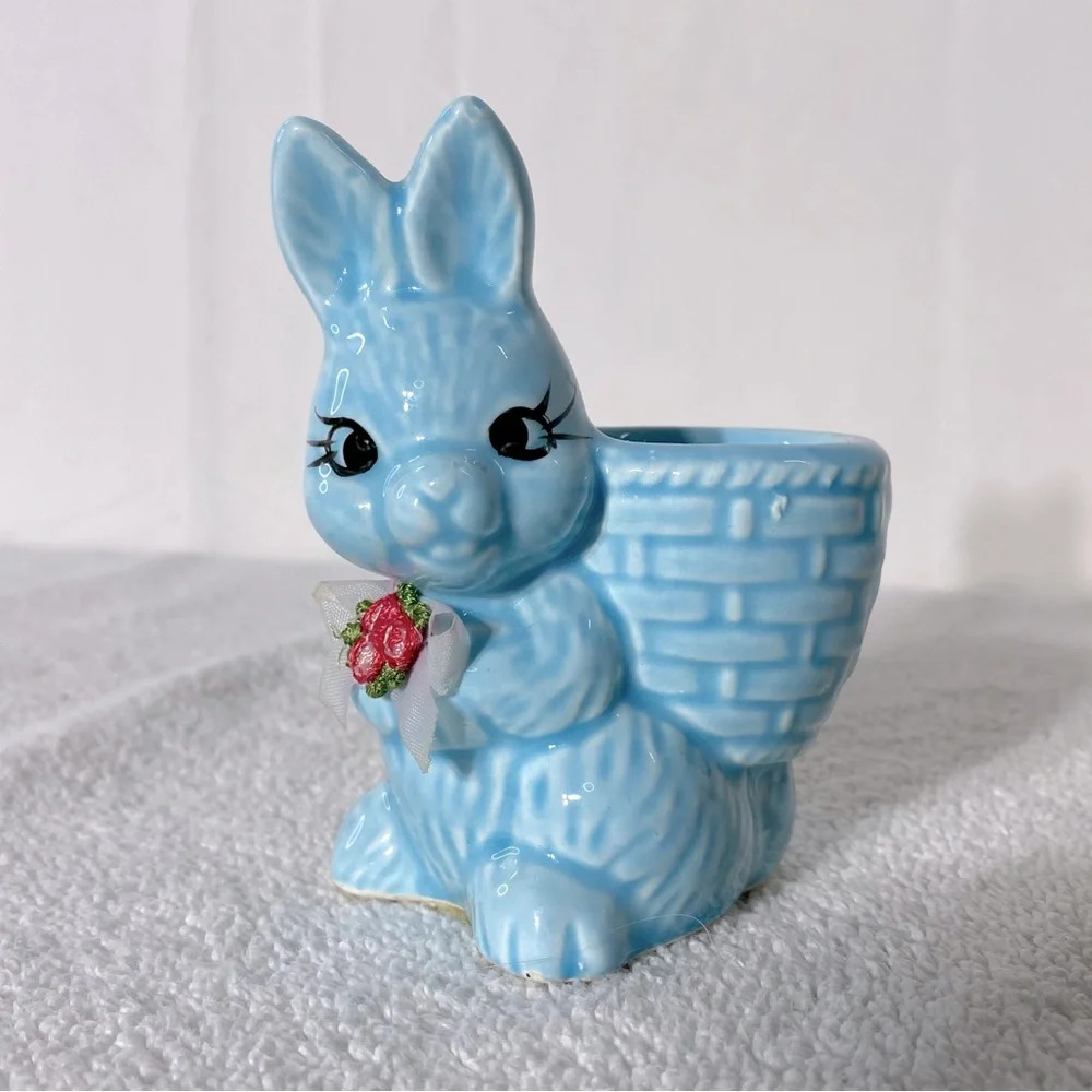 Vintage Blue Bunny Rabbit Egg Cup Holder 1950’s Anthropomorphic